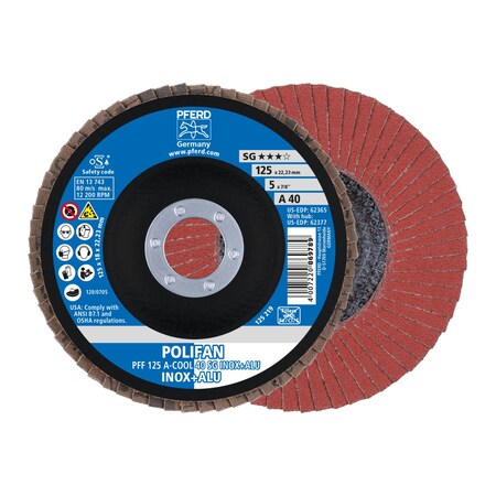 Pferd 5" x 7/8" A.H. POLIFAN Flap Disc - A-COOL SG INOX+ALU, Aluminum oxide, 40 Grit, Flat 62365
